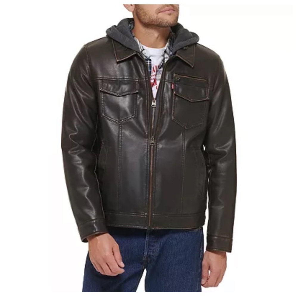 Levi’s men’s faux leather hooded trucker jacket never worn